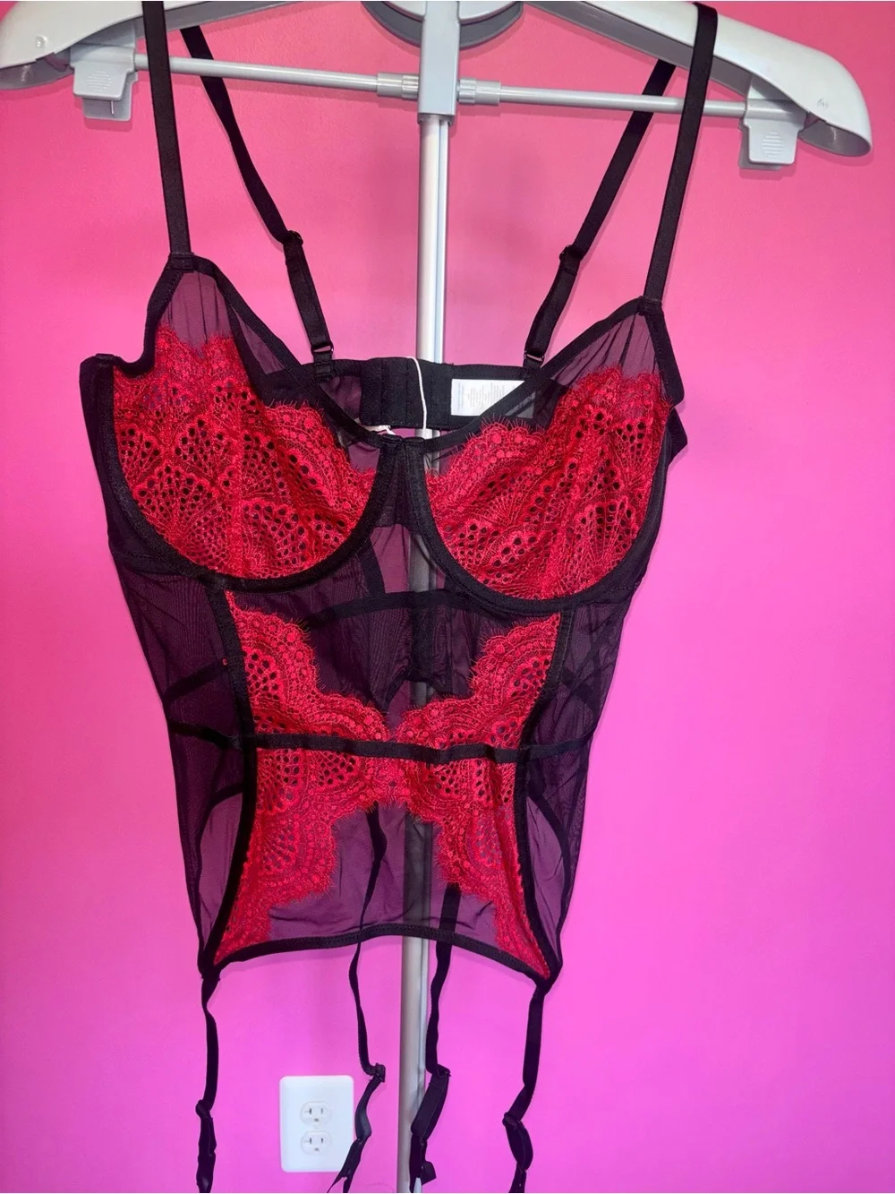 Adore Me Black & Red lace Charlie Bustier with matching panty NWT! Size 38D, XL - Picture 3 of 9